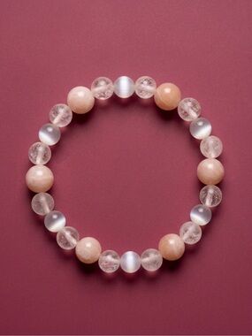 Handmade Rose Quartz, Dyed Jade and Cat’s Eye Stretch Beaded Bracelet
